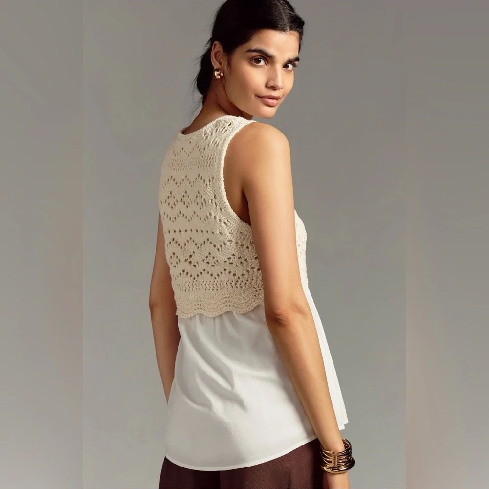 Anthro Ivory Crochet Sweater Tank Layered Boho Knit Blouse S - Picture 4 of 7